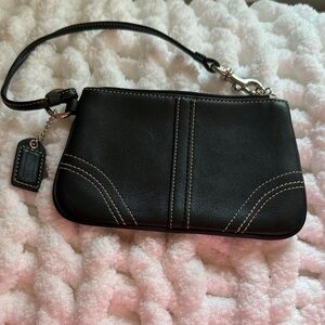 Coach Black Leather Wristlet with White Contrast Stitching
